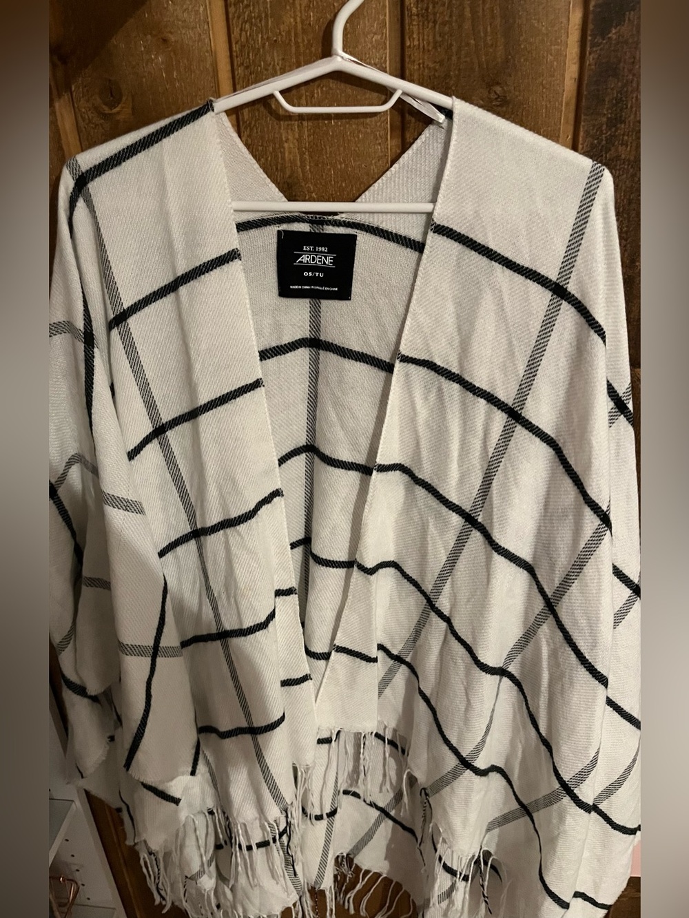 Ardene White Puncho Cardigan with Black Plaid and Fringe